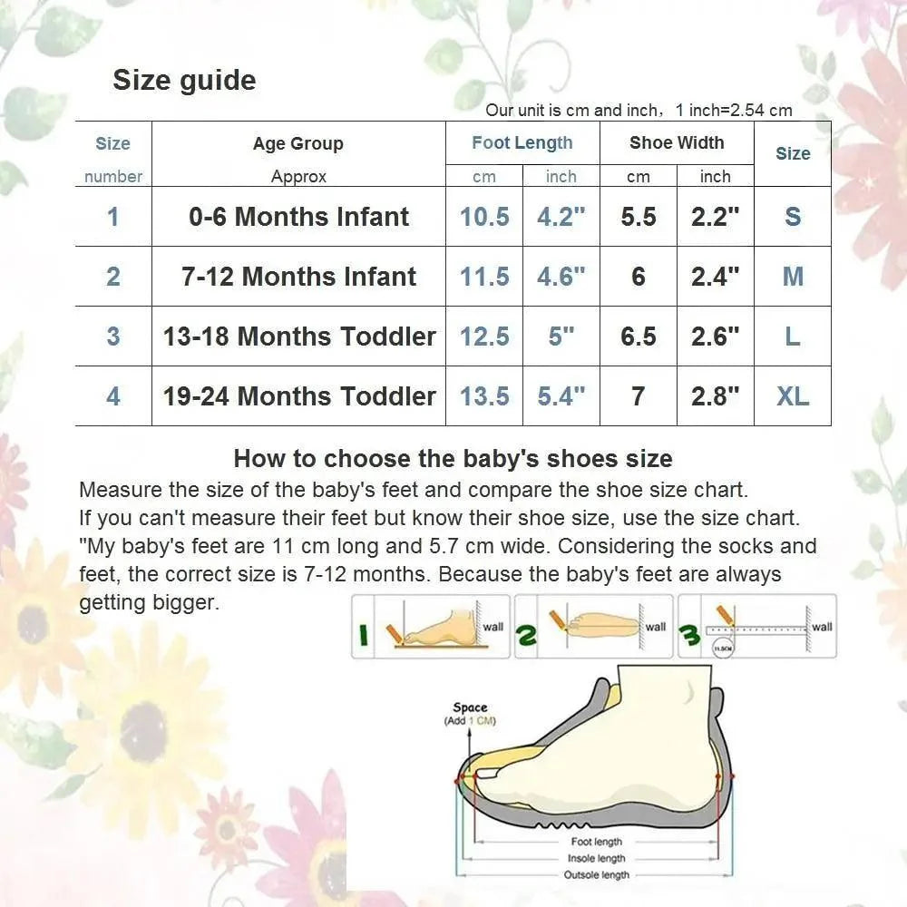 Stevvex baby leather booties size guide page with size chart and foot-measurement diagram on Tampa Home & Garden Store