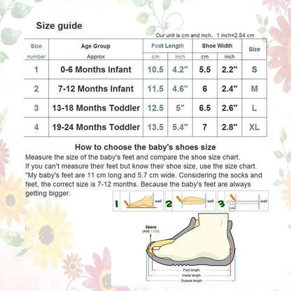 Stevvex baby leather booties size guide page with size chart and foot-measurement diagram on Tampa Home & Garden Store