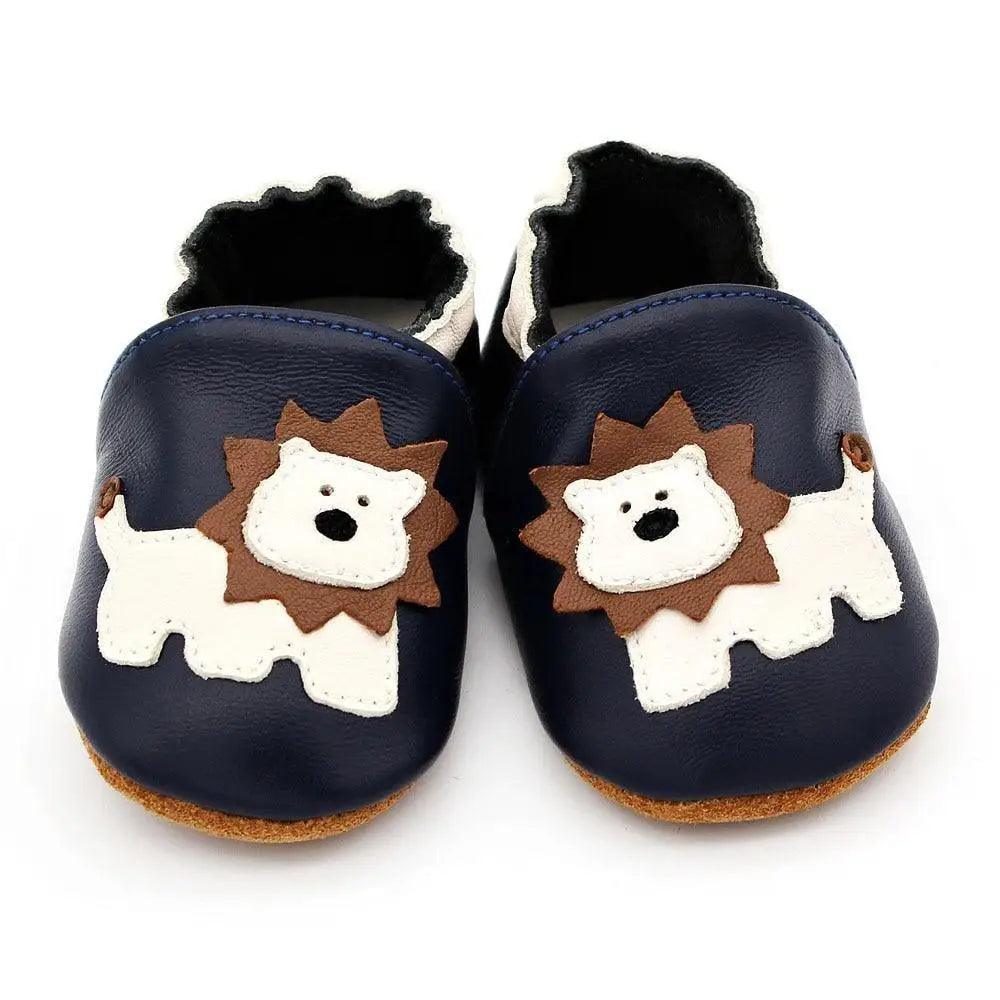 Stevvex baby leather newborn booties navy blue pair with white lion applique on Tampa Home & Garden Store