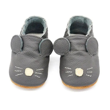 Leather baby booties gray with cat-face ears beige nose soft lining tan sole pair Stevvex on Tampa Home & Garden Store