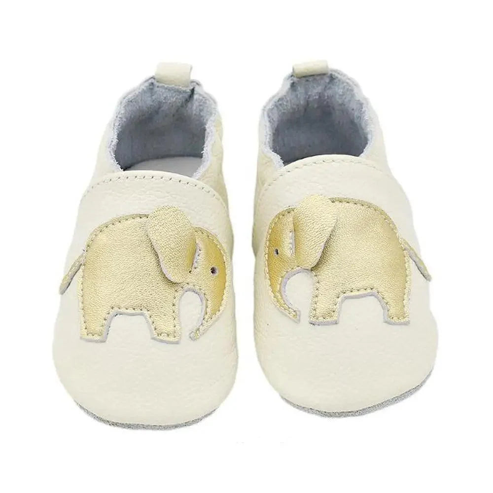 Leather newborn baby booties in cream with gold elephant appliques and soft lining on Tampa Home & Garden Store