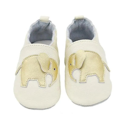 Leather newborn baby booties in cream with gold elephant appliques and soft lining on Tampa Home & Garden Store