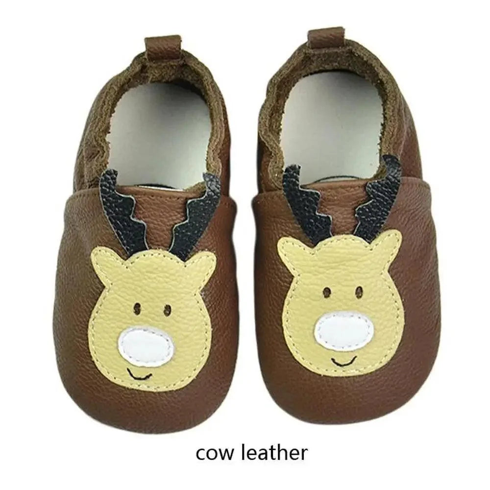 Baby moccasin shoes brown cow leather with yellow deer face applique, pair on Tampa Home & Garden Store