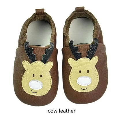 Baby moccasin shoes brown cow leather with yellow deer face applique, pair on Tampa Home & Garden Store