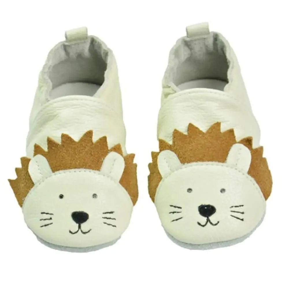 Stevvex baby leather newborn booties pair with white hedgehog faces and brown spikes on Tampa Home & Garden Store