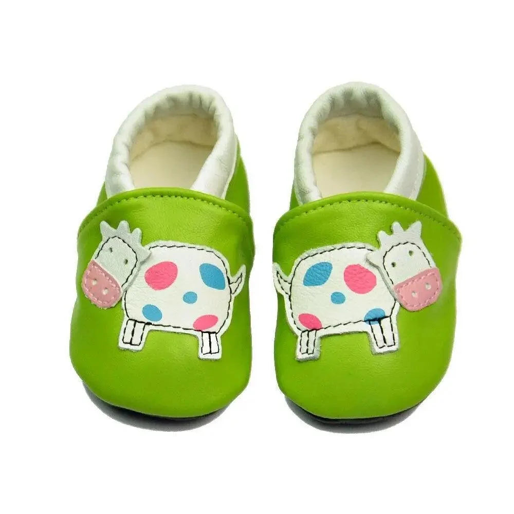 Green leather baby moccasin booties with cow applique by Stevvex newborn shoes pair on Tampa Home & Garden Store