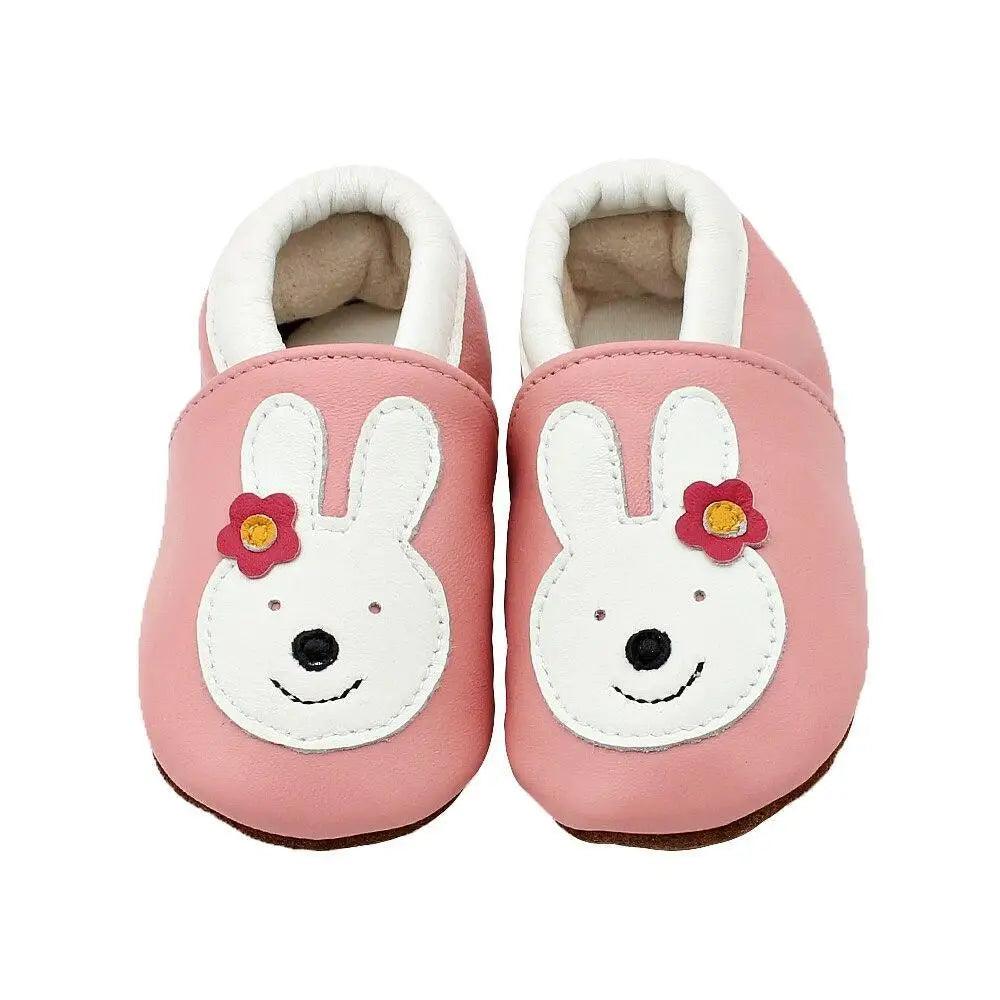 Stevvex pink leather baby booties pair with white bunny face appliques and flower accents on Tampa Home & Garden Store
