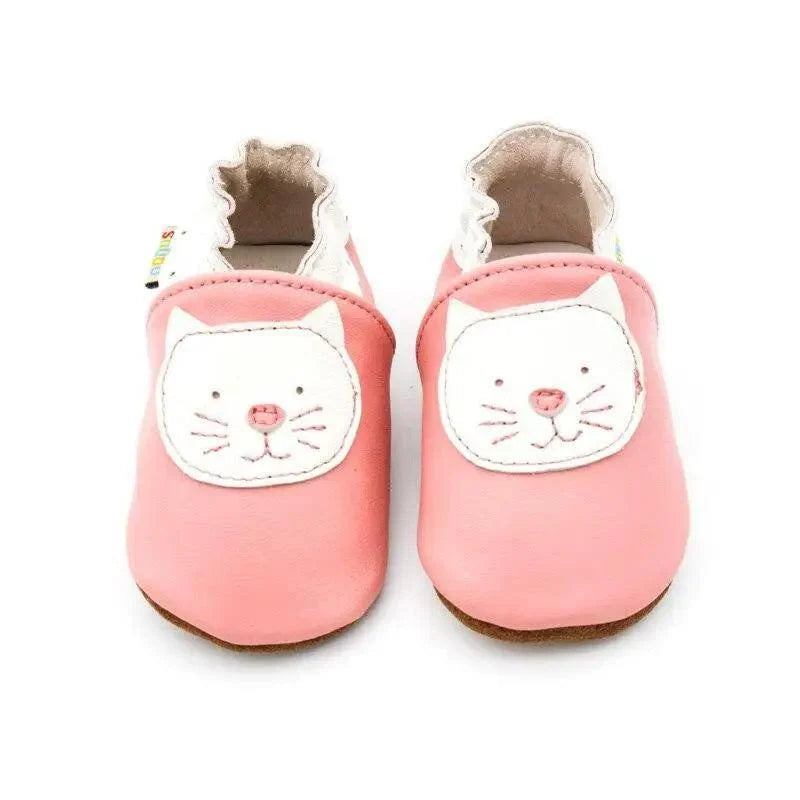 Baby shoes pink leather newborn booties Stevvex with white cat face patches, pair on Tampa Home & Garden Store