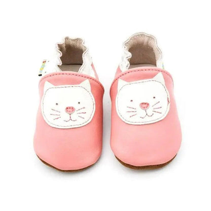 Baby shoes pink leather newborn booties Stevvex with white cat face patches, pair on Tampa Home & Garden Store