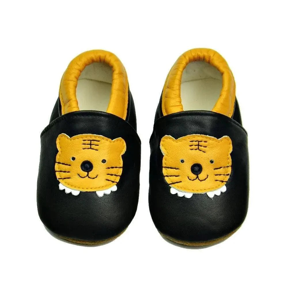 Stevvex baby leather booties pair, black moccasins with yellow tiger face applique on Tampa Home & Garden Store