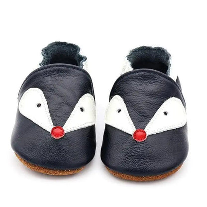 Stevvex baby leather moccasins navy with fox-face overlays and red nose, fur lining pair on Tampa Home & Garden Store