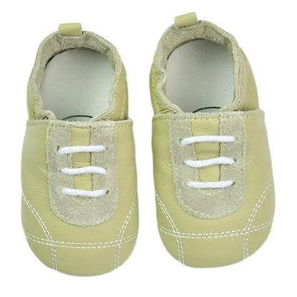 Stevvex baby leather newborn booties moccasins beige-yellow with white laces pair on Tampa Home & Garden Store