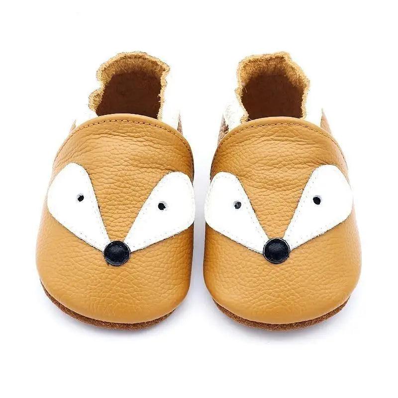 Stevvex baby leather booties fox face moccasins, brown with white cheeks and black noses on Tampa Home & Garden Store
