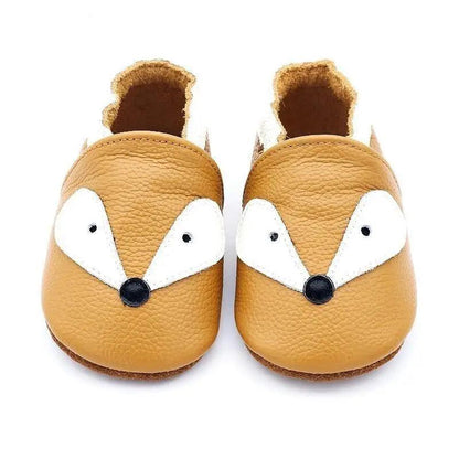 Stevvex baby leather booties fox face moccasins, brown with white cheeks and black noses on Tampa Home & Garden Store