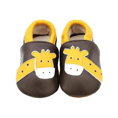 Stevvex baby leather newborn booties brown with yellow giraffe strap moccasins pair on Tampa Home & Garden Store