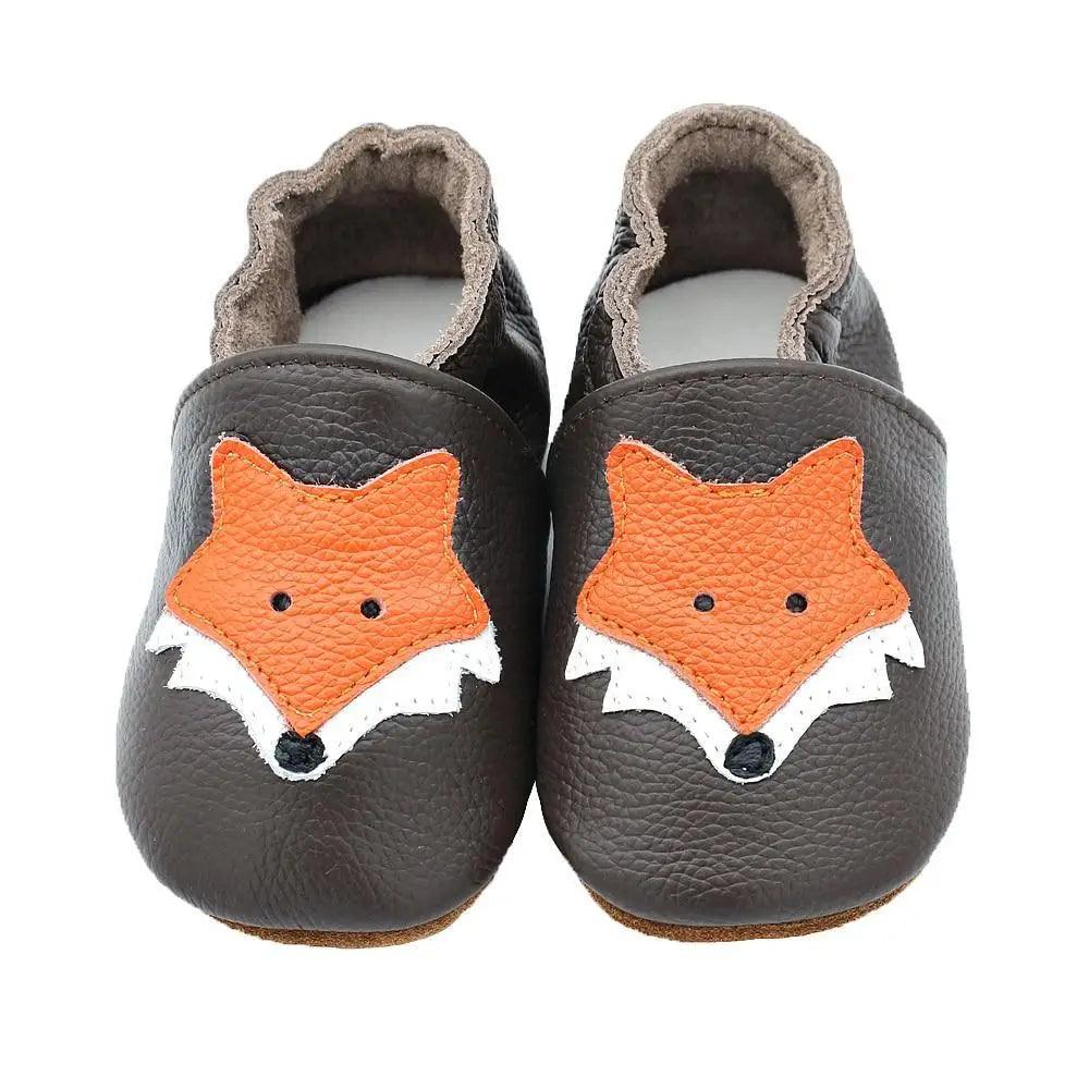 Stevvex leather baby shoes newborn booties pair with orange fox face patch on black leather on Tampa Home & Garden Store