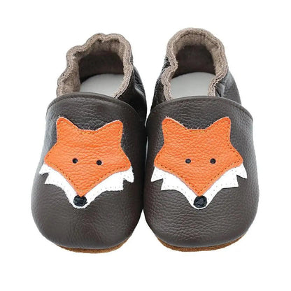 Stevvex leather baby shoes newborn booties pair with orange fox face patch on black leather on Tampa Home & Garden Store