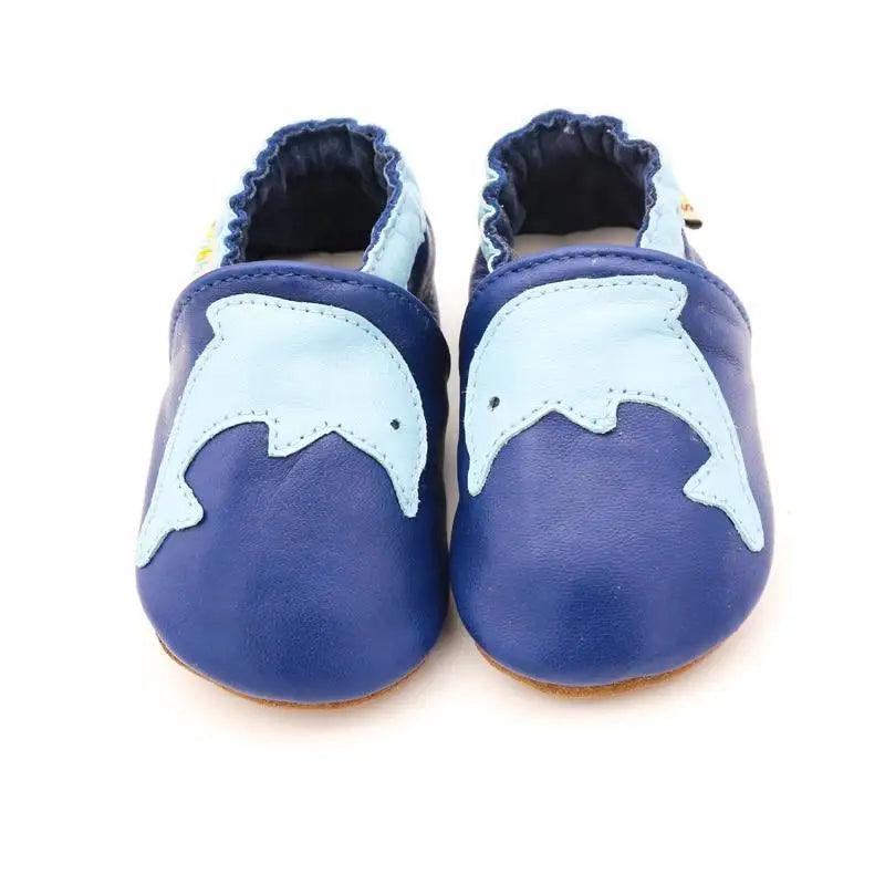 Pair of Stevvex baby leather booties in blue with light-blue patches and elastic cuffs on Tampa Home & Garden Store