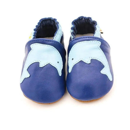 Pair of Stevvex baby leather booties in blue with light-blue patches and elastic cuffs on Tampa Home & Garden Store