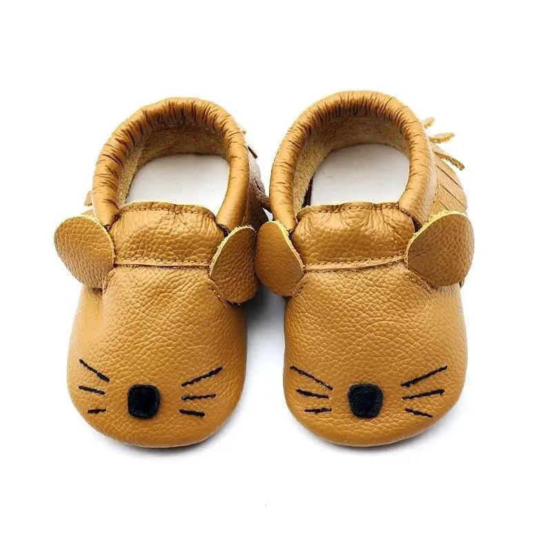 Stevvex leather baby booties for newborns, set of 2, cat-face design, tan on Tampa Home & Garden Store