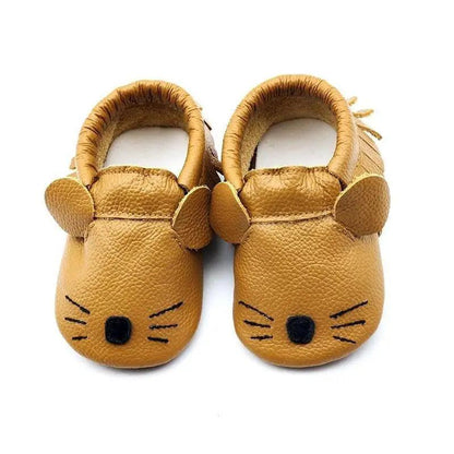 Stevvex leather baby booties for newborns, set of 2, cat-face design, tan on Tampa Home & Garden Store