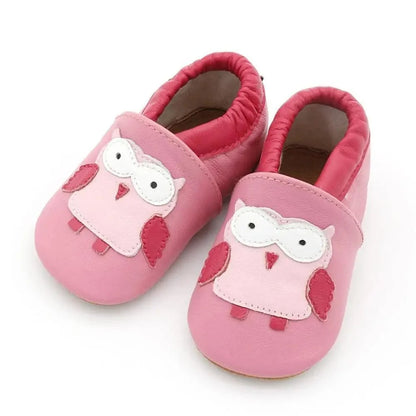 Stevvex pink leather baby shoes with owl applique, newborn slip-on booties pair on Tampa Home & Garden Store