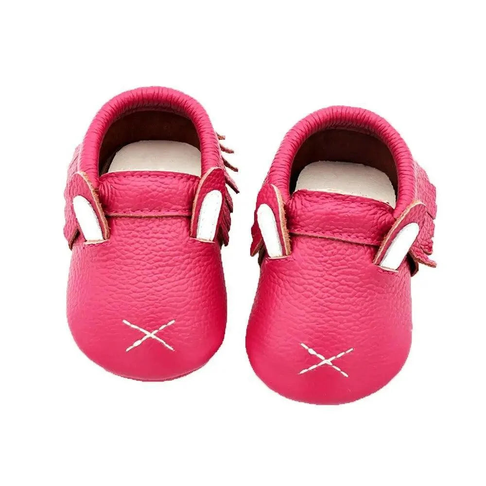 Leather newborn booties Stevvex, pink moccasin-style infant shoes (pair) on Tampa Home & Garden Store
