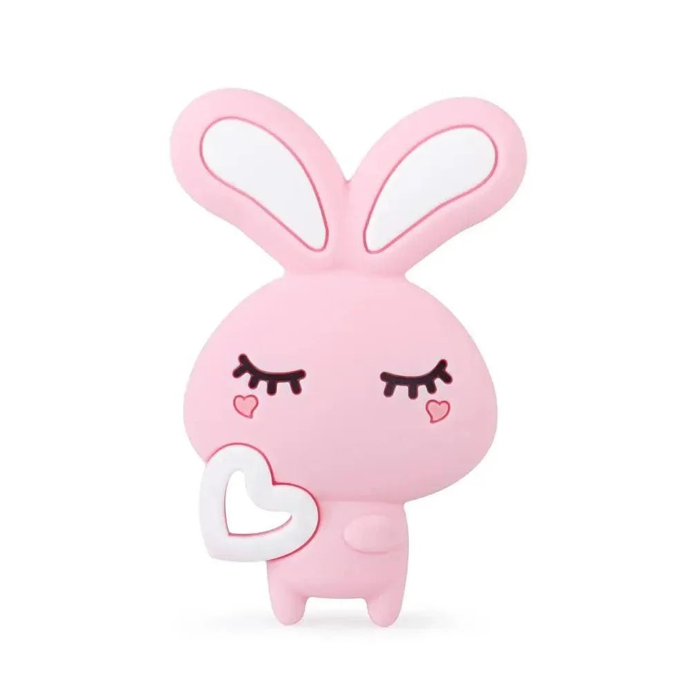 Pink bunny silicone teether holding a white heart, baby teething toy on Tampa Home & Garden Store