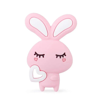 Pink bunny silicone teether holding a white heart, baby teething toy on Tampa Home & Garden Store