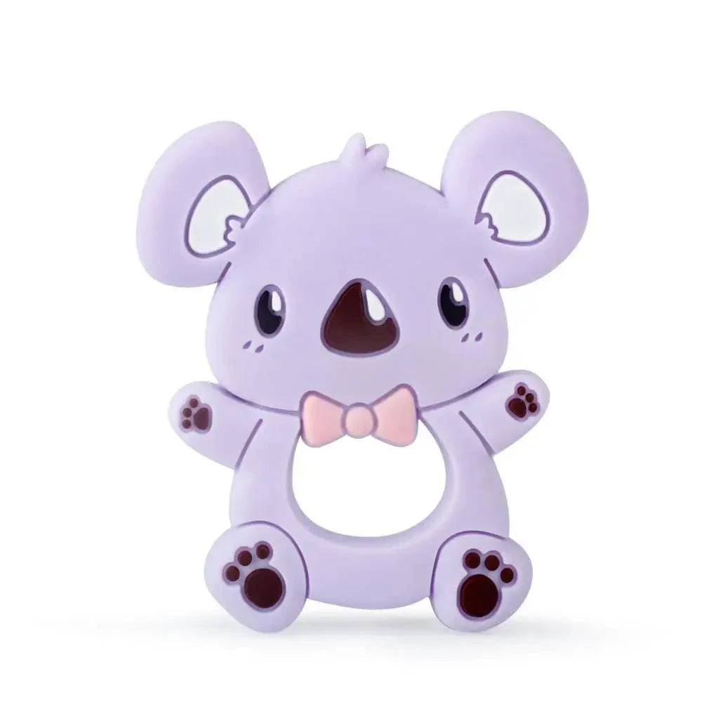 Koala silicone teether in purple with pink bow, BPA-free baby teething toy on Tampa Home & Garden Store