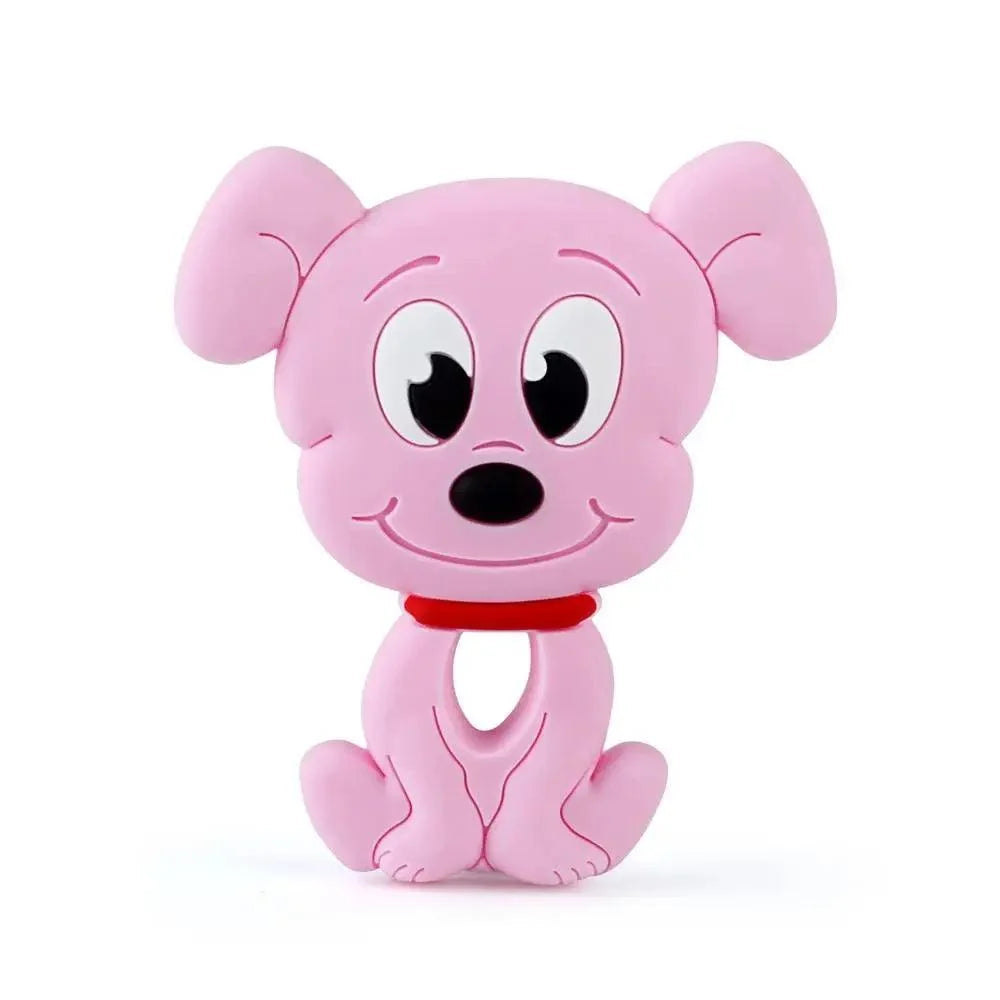 Baby silicone teether dog toy pink with red collar Stevvex BPA free on Tampa Home & Garden Store