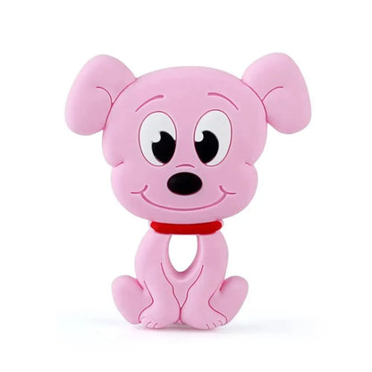 Baby silicone teether dog toy pink with red collar Stevvex BPA free on Tampa Home & Garden Store
