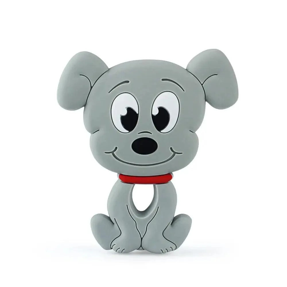 Baby silicone teether dog figure Stevvex, gray with red collar, BPA free on Tampa Home & Garden Store