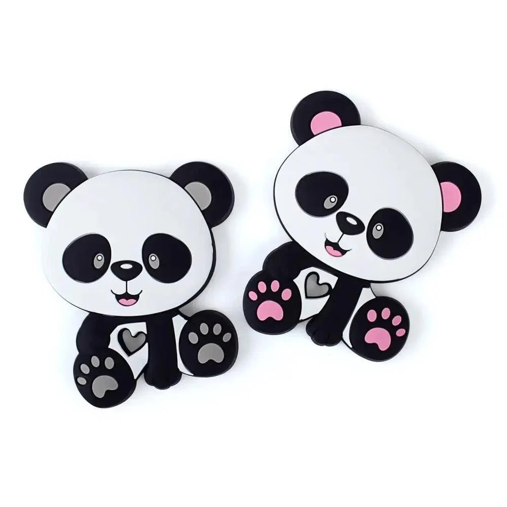 Two panda silicone teether toys for babies with pink and gray paw pads on Tampa Home & Garden Store