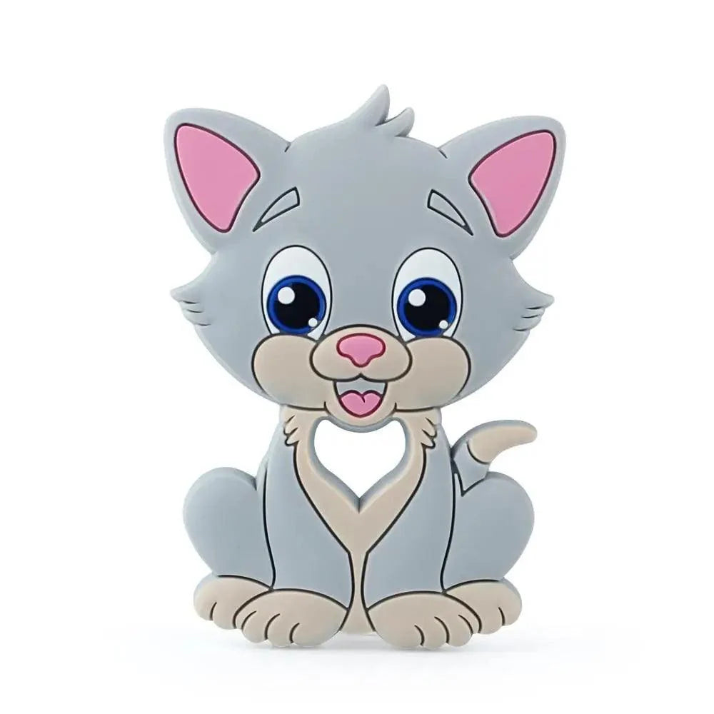 Baby silicone teether animal in gray with pink ears and blue eyes, heart cutout on Tampa Home & Garden Store