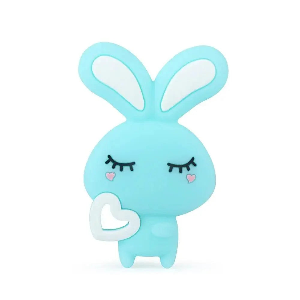 Baby silicone teether blue bunny by Stevvex BPA free with white ear insides and heart accent on Tampa Home & Garden Store