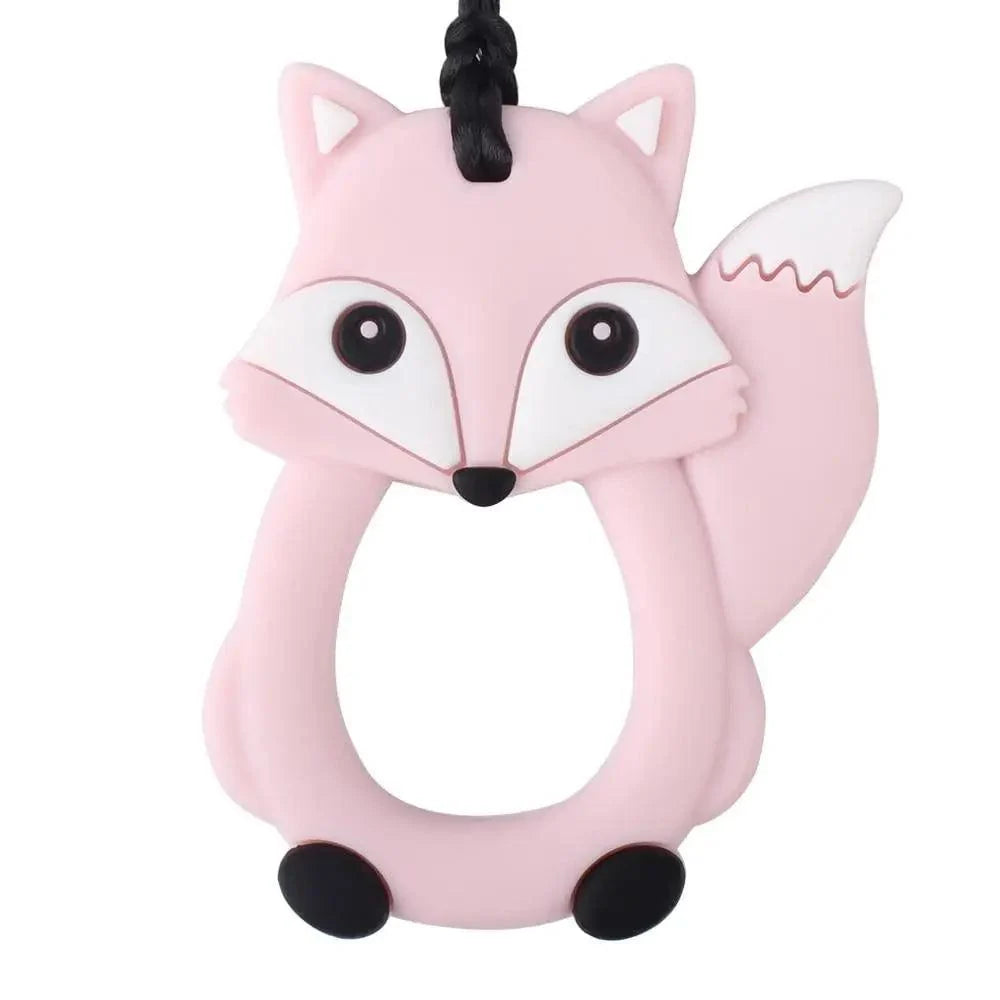 Pink fox-shaped baby silicone teether with hanging loop and ring body on Tampa Home & Garden Store