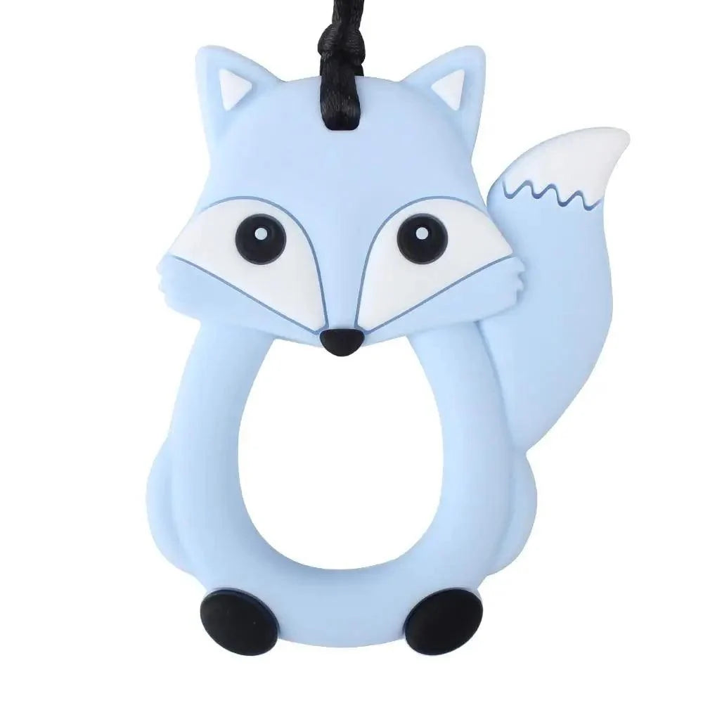 Fox-shaped blue silicone teether with loop body, black eyes, white muzzle, and hanging cord on Tampa Home & Garden Store