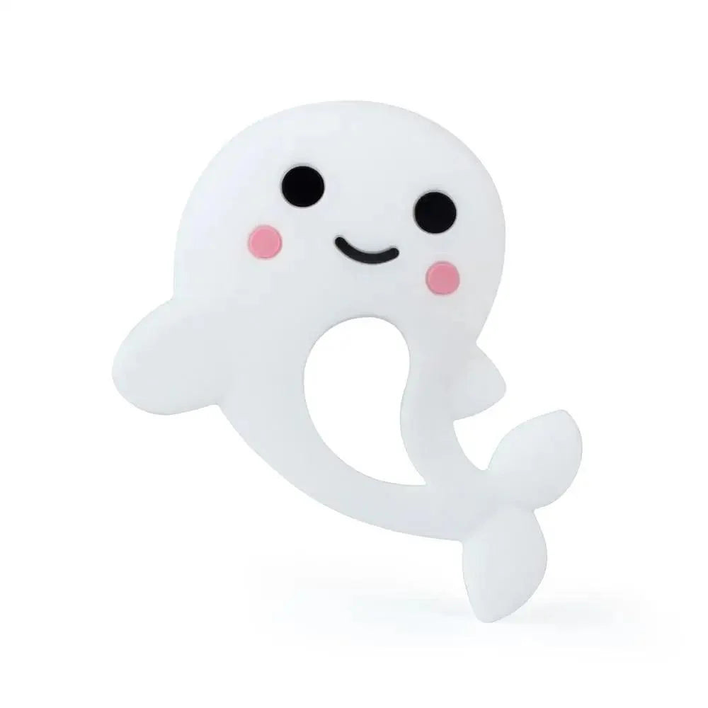 Stevvex BPA-free silicone teether white smiling animal shape with pink cheeks on Tampa Home & Garden Store