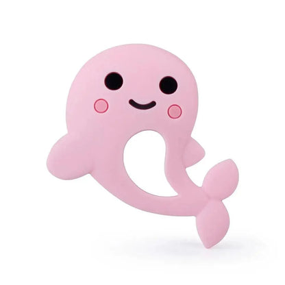 Stevvex pink silicone teether whale shape with hollow center smile on Tampa Home & Garden Store