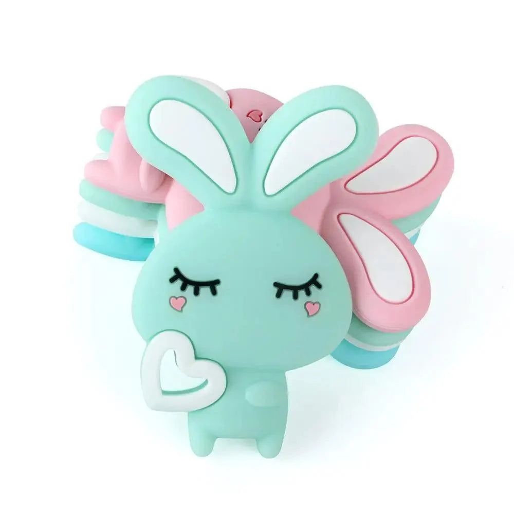 Stevvex baby silicone teether bunny with teal body and heart cheeks, silicone bead rings on Tampa Home & Garden Store