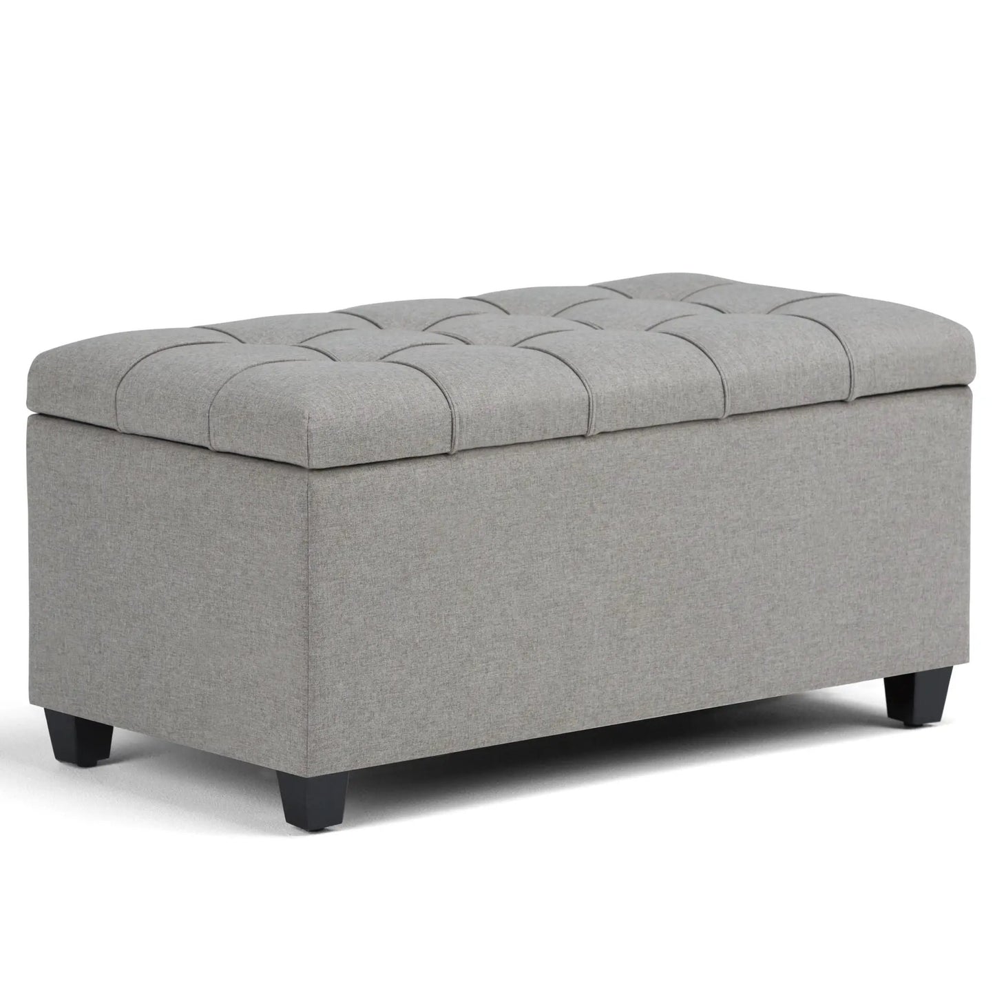 Sienna upholstered storage ottoman bench in grey fabric with tufted lid, storage inside on Tampa Home & Garden Store