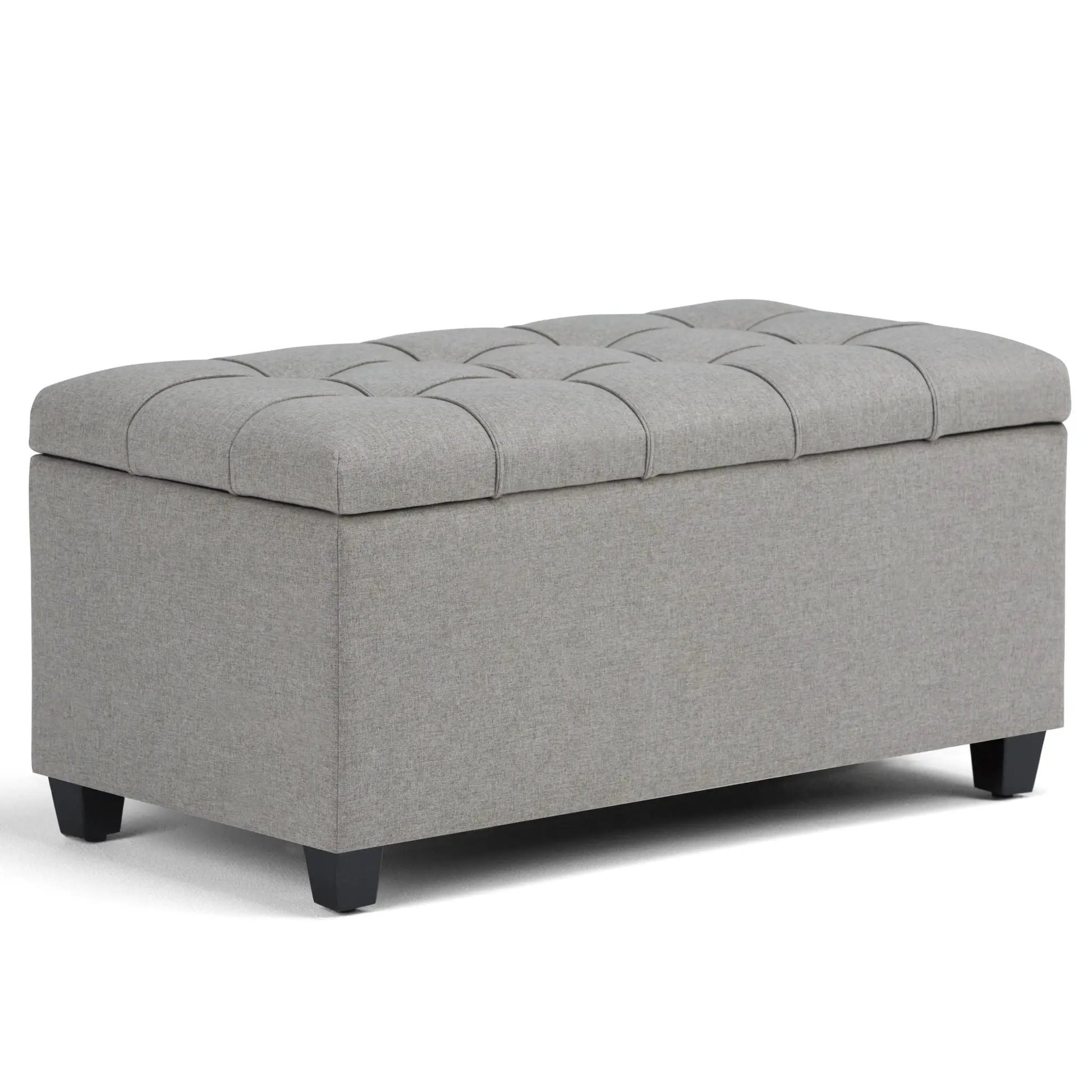 Sienna upholstered storage ottoman bench in grey fabric with tufted lid, storage inside on Tampa Home & Garden Store