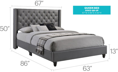 Nailhead Bed Transitional Vibrant queen bed with tufted gray headboard and nailhead trim on Tampa Home & Garden Store