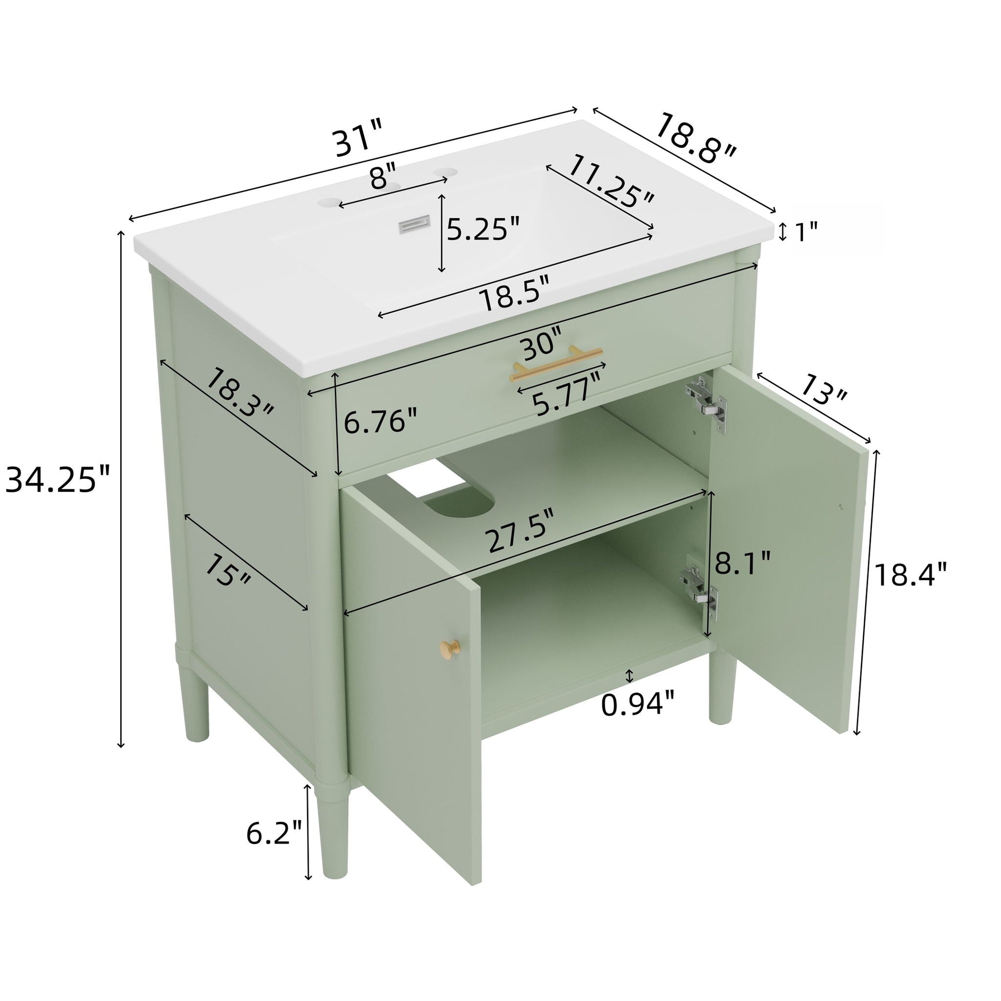 Bathroom vanity with sink, green cabinet, white top; soft-close doors and adjustable shelf on Tampa Home & Garden Store