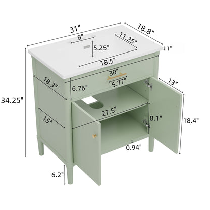 Bathroom vanity with sink, green cabinet, white top; soft-close doors and adjustable shelf on Tampa Home & Garden Store