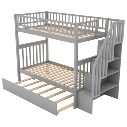 Bunk Bed With Staircase gray-painted bunk bed with top guard rails, two levels and natural wood slat platform on Tampa Home & Garden Store