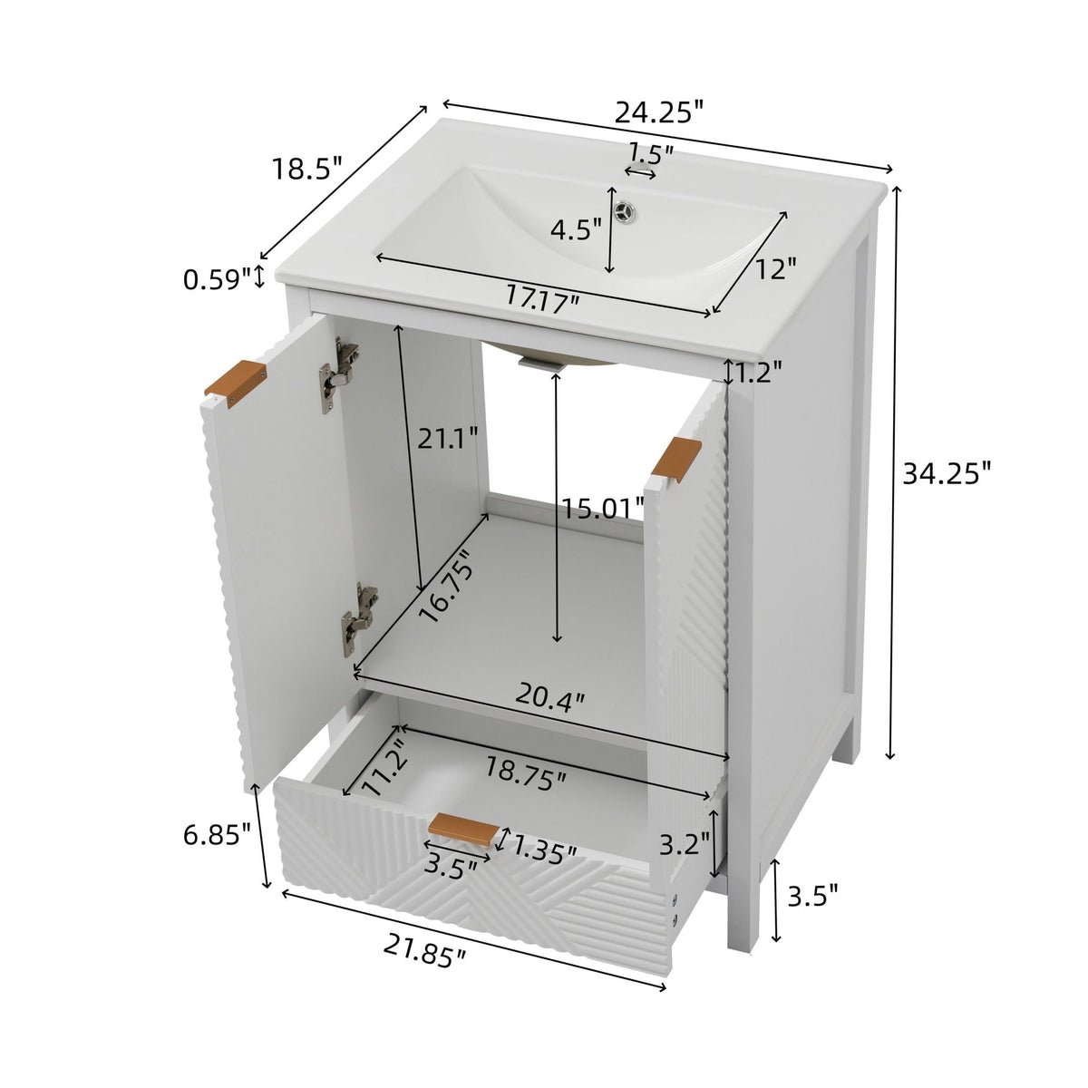 Modern bathroom vanity with sink in white finish, compact storage, dimensioned diagram on Tampa Home & Garden Store