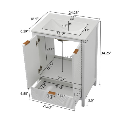 Modern bathroom vanity with sink in white finish, compact storage, dimensioned diagram on Tampa Home & Garden Store
