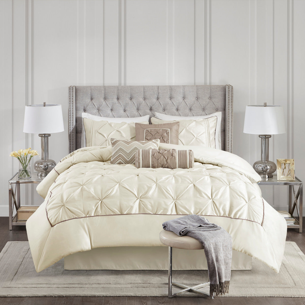 7 Piece Ivory King Tufted Comforter Set ivory comforter with diamond quilting on gray bed on Tampa Home & Garden Store